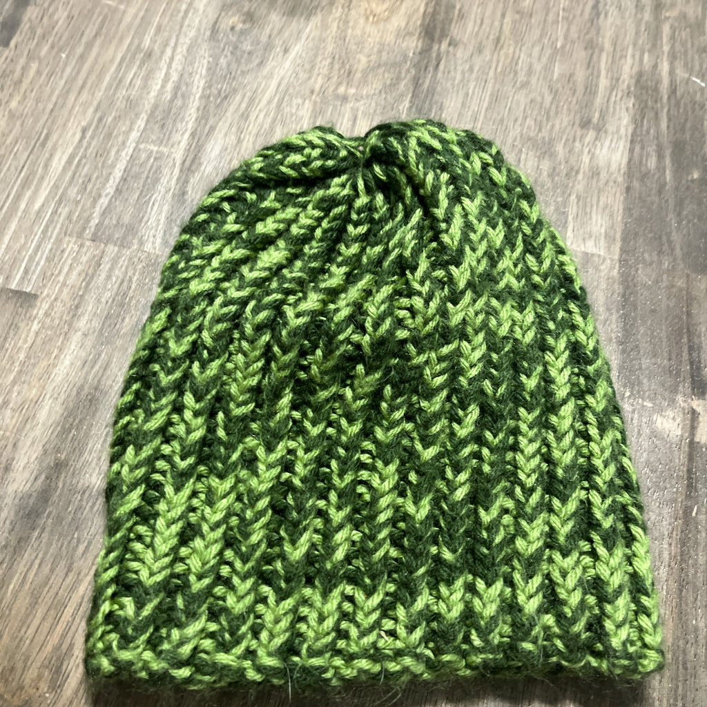 Brimless light green and green knitted beanie